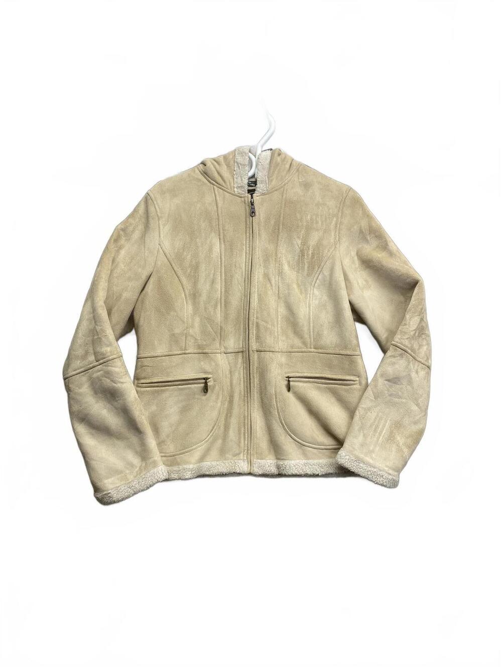 Vintage Y2k Utex Design Beige Faux Suede Shearling Hooded Jacket Size M